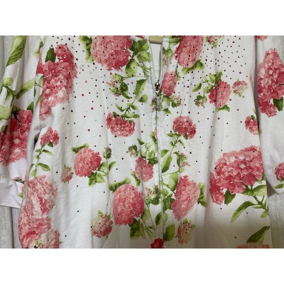 Quacker Factory Hydrangea Print Elbow Sleeve Hoodie Size XL Zip Up Rhinestone - Picture 3 of 8